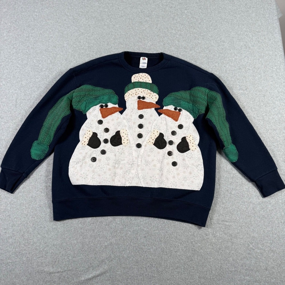 Vintage 90s Fruit of the Loom Snowman Sweatshirt XL Navy Blue Ugly Christmas